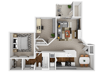 A 3D floor plan of a house with multiple rooms and furniture.
