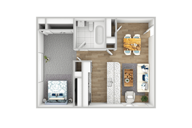 A top-down view of a small, neatly organized apartment with a bed, a couch, a dining table, and a bathroom.