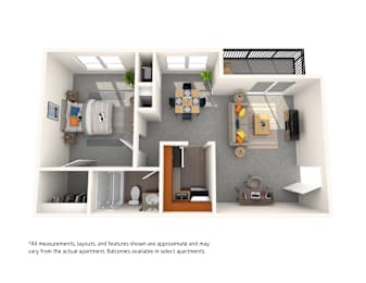 Apartment layout with a kitchen, living room, and bathroom.