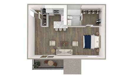 A top-down view of a small apartment with a kitchen, living room, and bathroom.