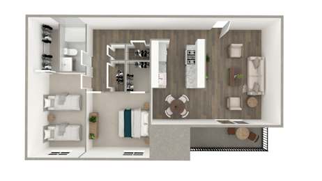 A top-down view of a small, neatly organized apartment with a kitchen, living room, and bathroom.
