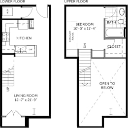 A floor plan shows a living room, a kitchen, a bedroom, a bathroom, and a closet on the upper floor.