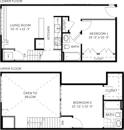 A floor plan shows the layout of a two-story apartment with a living room, kitchen, two bedrooms, and bathrooms.