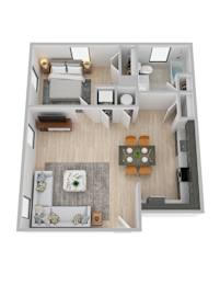 A top-down view of a modern living room with a dining area and kitchen.