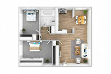 A top-down view of a small apartment with a kitchen, living room, and bedroom.