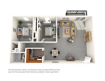 A 3D floor plan of an apartment showing a kitchen, living room, and two bedrooms.