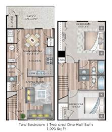 A floor plan of a two bedroom apartment with one and a half bath.