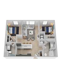 A top-down view of a small apartment with a kitchen, living room, and bedroom.