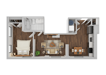 A 3D rendered image of a modern apartment layout.