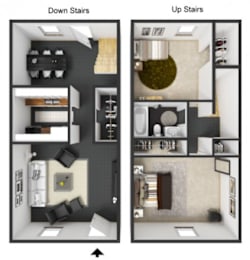 A diagram shows the layout of the rooms in a house with two stories.
