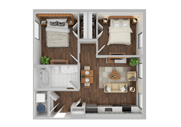 A top-down view of a small apartment with two beds, a kitchen, a living room, and a bathroom.