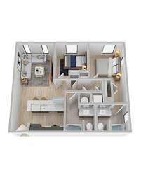 A top-down view of a modern apartment layout with a kitchen, living room, and bedrooms.