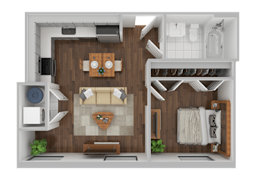 A top-down view of a well-organized apartment with a living room, kitchen, and bathroom.