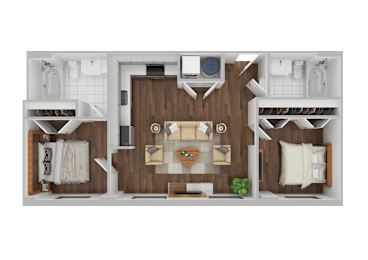 A top-down view of a small apartment with a kitchen, living room, and bedroom.