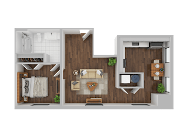 A 3D rendered image of a modern apartment layout.