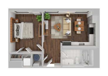 A top-down view of a small, neatly organized apartment with a kitchen, living room, and bathroom.