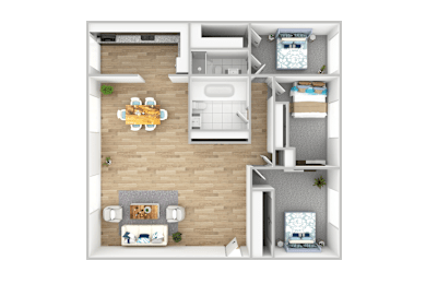 A top-down view of a small apartment layout with a living room, kitchen, and bedroom.