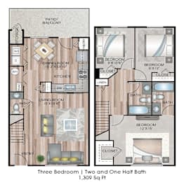 A diagram of a three bedroom apartment with two bathrooms.