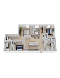 A top-down view of a house layout with a kitchen, living room, and bedrooms.