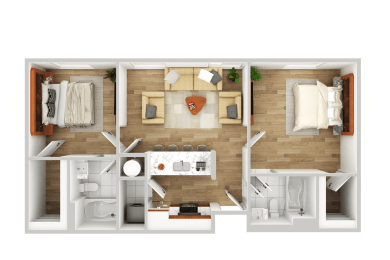 a 3d floor plan of a bedroom with a bathroom and a living room