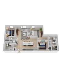 A 3D floor plan of a house with a kitchen, living room, and two bedrooms.