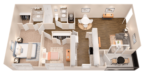 A top-down view of a house interior with a kitchen, living room, and bedrooms.