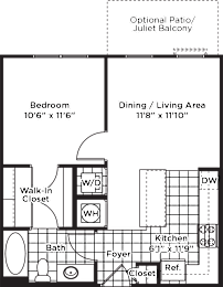 A floor plan of a house with a bedroom, dining/living area, bath, kitchen, and closets.