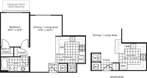 A floor plan of a house with a dining/living area, kitchen, bath, and optional patio/juliet balcony.