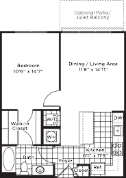 A floor plan of a house with a bedroom, dining/living area, kitchen, and bath.