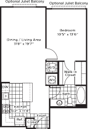 A floor plan of an optional Juliet balcony with a dining/living area, kitchen, bath, and bedroom.