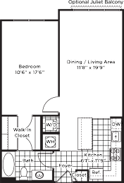A floor plan of a house with a bedroom, dining/living area, kitchen, and bath.