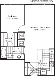 A floor plan of the Optional Juliet Balcony showing the layout of the bedroom, bath, and kitchen.