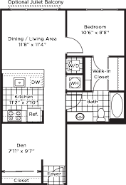 A floor plan of an optional Juliet balcony with a dining/living area, kitchen, bath, and bedroom.