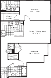 a floor plan of a house with two bedrooms and a living room