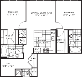 a floor plan of a bedroom apartment with a bathroom and a living room