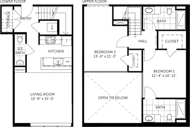 A floor plan of a two-story home with a living room, kitchen, and two bedrooms.