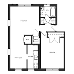 A floor plan of a small apartment with a living room, dining room, kitchen, and bedroom.