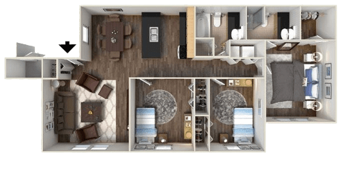 3BR 2BA 1075 Sqft
