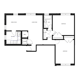 A floor plan of a house with a kitchen, living room, dining room, and two bedrooms.