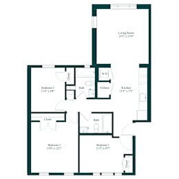 A floor plan of a house with a living room, three bedrooms, a kitchen, and a bathroom.