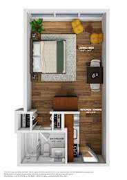 A floor plan of a small apartment with a living room, kitchen, and bathroom.