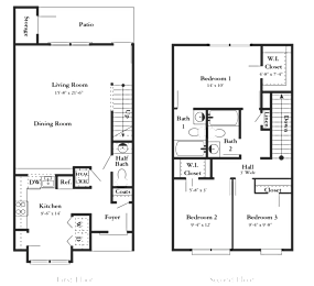 A floor plan of a two-story house with labeled rooms and dimensions.