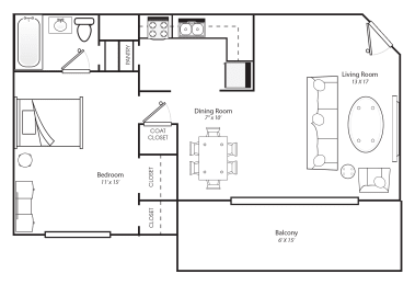 a floor plan of a 1 bedroom apartment with a bathroom and a living room