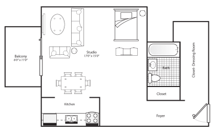 a floor plan of a small house with a bedroom and a living room