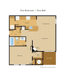 a floor plan of one bedroom one bathroom and a living room