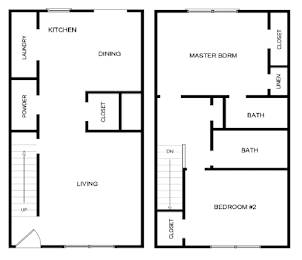 A floor plan of a house with two bedrooms, a living room, a kitchen, a dining room, a powder room, a laundry room, and a master bedroom closet.
