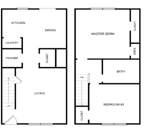 A floor plan of a house with two bedrooms, a living room, a kitchen, a bathroom, a powder room, and a laundry area.