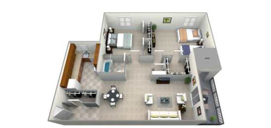 A 3D floor plan of a house with a kitchen, living room, dining room, and bedrooms.