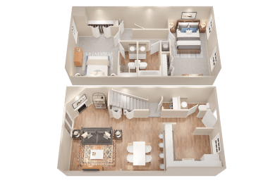 a stylized view of a bedroom and a living room with two different floor plans