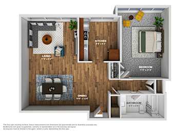 A floor plan of a small apartment with a living room, kitchen, dining room, and bathroom.